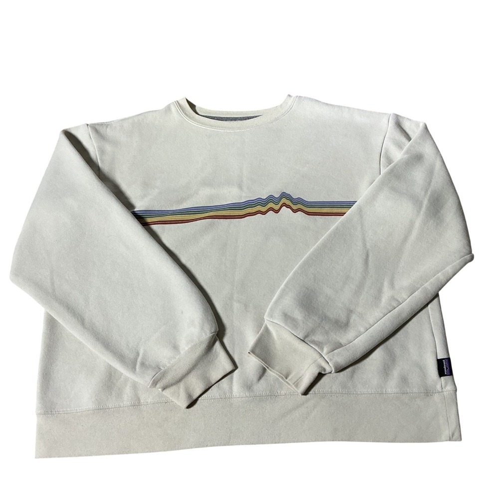 Patagonia Retro Mountain Rainbow Uprisal Crew Sweatshirt L Cream Pullover FLAW